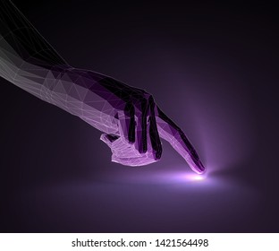 Index finger pointing gesture. Human hand toching the surface with illumination. Illustration of interactive and virtual technologies.