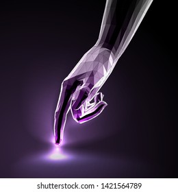 Index finger pointing gesture. Human hand toching the surface with illumination. Illustration of interactive and virtual technologies.