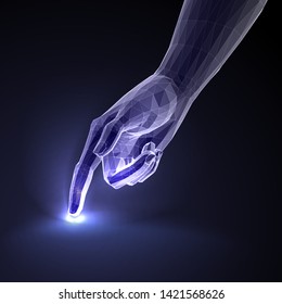 Index finger pointing gesture. Human hand toching the surface with illumination. Illustration of interactive and virtual technologies.