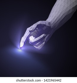 Index finger pointing gesture. Human hand toching the surface with illumination. Illustration of interactive and virtual technologies.