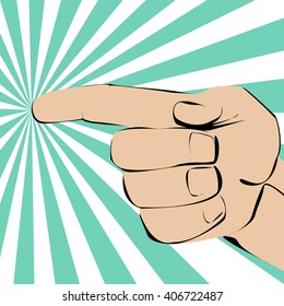 Index finger pointing hand on the left on radiate background.