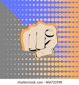 Index finger pointing hand at the viewer on colourful background.