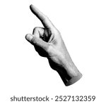 Index finger pointing, indicating, side view. Pointer forefinger. Halftone textured style vector isolated on white background.