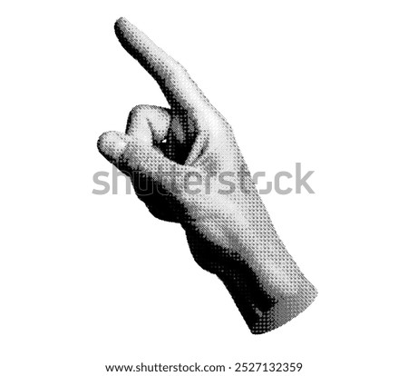 Index finger pointing, indicating, side view. Pointer forefinger. Halftone textured style vector isolated on white background.