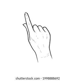 Indique el dedo apuntando a algo. Golpear, golpear o deslizar los gestos de los dedos para dispositivos con pantallas táctiles. Esbozar ilustración vectorial aislada en fondo blanco