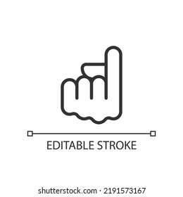 Index finger pointing up pixel perfect linear icon. Upward direction. Hand gesture. Thin line illustration. Contour symbol. Vector outline drawing. Editable stroke. Arial font used