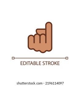 Index finger pointing up pixel perfect RGB color icon. Showing upward direction. Hand gesture. Isolated vector illustration. Simple filled line drawing. Editable stroke. Arial font used