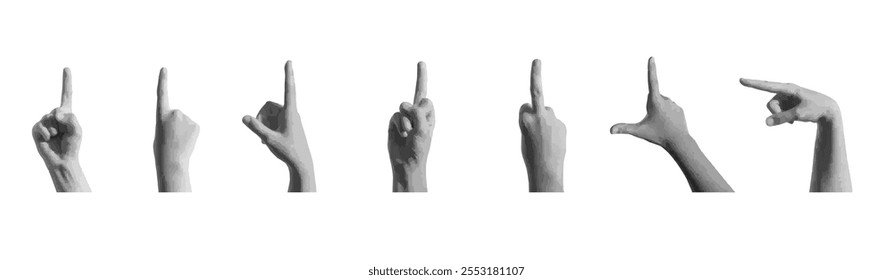 Index finger pointing up, hand gesture, pointer for indicating, showing. Isolated on white background, set. Halftone dotted retro style vector