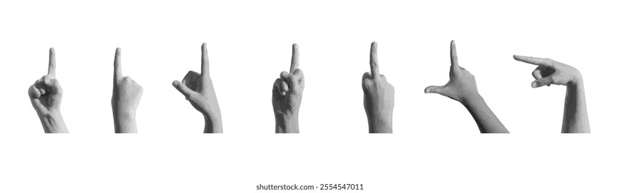 Index finger pointing up, hand sign, pointer gesture indicating, showing. Isolated on white background, set. Halftone dotted retro style vector