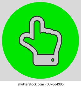 The index finger pointing up. Hand gestures show Up the direction of financial success. Style is flat symbol. Silver color.  Green circle  background.