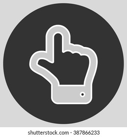 The index finger pointing up. Hand gestures show Up the direction of financial success. Style is flat symbol. Silver color.  Black circle  background.