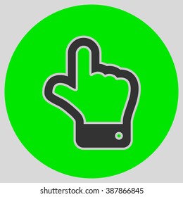 The index finger pointing up. Hand gestures show Up the direction of financial success. Style is flat symbol. Black color.  Green circle  background.