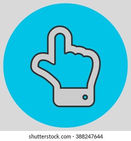 The index finger pointing up. Hand gestures show Up the direction of financial success. Style is flat symbol. Silver color.  Cyan circle  background.