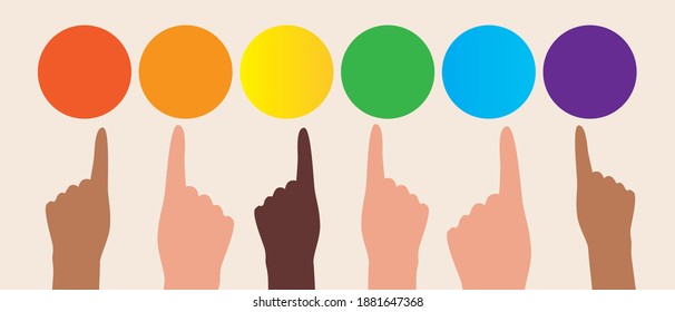 Index finger points to the color. Flat vector stock illustration. People choose colors. Design concept, color choice. Hand and color selection. Illustration with choice for design