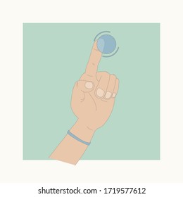 Index finger presses a button on the touch screen. A hand with a protruding finger points to a circle. Vector illustration in a flat style pastel colors.