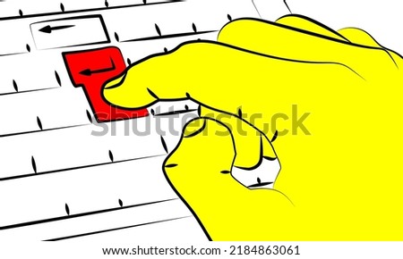 Index finger presses enter key on laptop keyboard, close-up. Hand of a man presses a red button on keyboard. Launching program, start a process, confirming action. Sketch, linear contour drawing