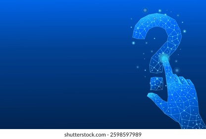 Index finger pressing an abstract digital question mark icon. Question mark icon on a futuristic low-poly technology background.