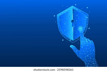Index finger pressing cybersecurity shield. Cybersecurity and information or network protection concept in polygons. Digital technology protection sign.