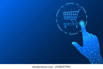 Index finger pressing a shopping cart. Abstract image of an electric blue low-poly shopping cart, online shopping concept, blue technology e-commerce.