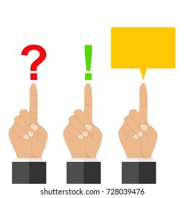 The index finger with a question mark, an index finger with an exclamation point. Flat design, vector illustration, vector.
