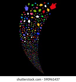 Index Finger random fireworks stream. Vector illustration style is flat bright multicolored iconic symbols on a black background. Object fountain constructed from scattered pictograms.