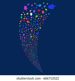 Index Finger random fireworks stream. Vector illustration style is flat bright multicolored iconic symbols on a blue background. Object fountain made from scattered design elements.