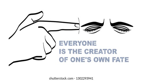 Index finger rested against the temple. Eyes closed. Everyone is the creator of one's own fate. Line drawing. Vector illustration.