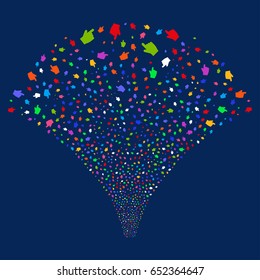 Index Finger salute stream. Vector illustration style is flat bright multicolored iconic symbols on a blue background. Object stream fountain constructed from random pictograms.