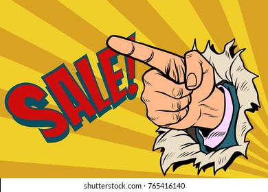 The index finger shows on sale. Pop art retro vector illustration