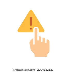Index finger touch triangle warning symbol with exclamation mark inside for no manage hand sign. Finger, gesture, hand, interaction, warning icon Vector illustration filled outline style. EPS10