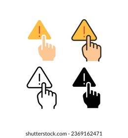 Zeige ein Dreieckswarnsymbol mit Fingerberührung und Ausrufezeichen im Inneren, ohne dass ein Handzeichen vorhanden ist. Finger, Geste, Hand, Interaktion, Warnsymbol Vektorgrafik Design auf weißem Hintergrund. EPS10