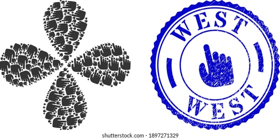 Index finger twirl flower with four petals, and blue round WEST rough watermark with icon inside. Object burst organized from oriented index finger symbols. Vector flower collage in flat style.