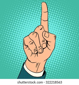 Index finger up. The gesture of attention in business or monotheism in Islam pop art retro style