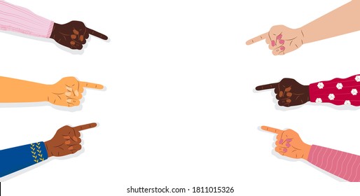 Index fingers are pointing on empty space. Attention, announce banner template for web, app in cartoon style. Hans, wrists of people of diverse races are shown  on the white background.