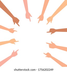 Index Fingers Poke, Point To The Center. Many Hands With Exposed Fingers, Blame, Show, Are Directed To One Point. Vector Illustration, Flat Cartoon, Eps 10, Isolated On White Background.