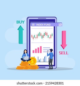 Index fund concept. business people analyzing a growth index fund graph vector illustration.