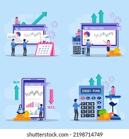 Index Fund Concept. Business People Analyzing A Growth Index Fund Graph Vector Illustration.