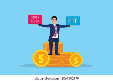 Concepto de vector de fondos de índice. Empresario con fondo índice y caja ETF sentado sobre pilas de dinero