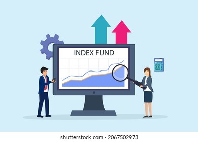 Index Fund Vector Concept. Two Business People Analyzing A Growth Index Fund Graph While Standing With Upward Arrow