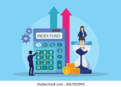 Index Fund Vector Concept. Two Business People Calculating Index Fund By Using A Calculator While Working Near The Hourglass