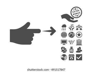 Index Hand icon with bonus icon set. Vector illustration style is flat iconic symbols, gray color, white background.