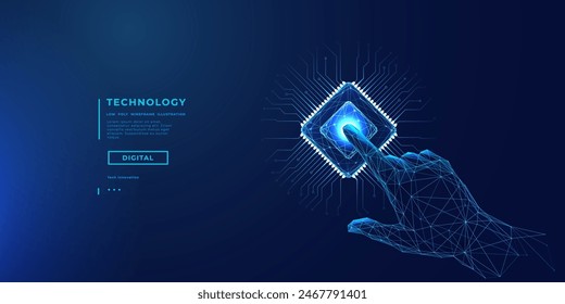 Index human finger presses on a chip or processor. Technology innovation concept. 3D low poly wireframe vector illustration. Abstract digital background. Computing tech bg. Robot hand touching chip.