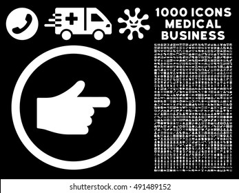 Index Pointer icon with 1000 medical commercial white vector pictographs. Collection style is flat symbols, black background.