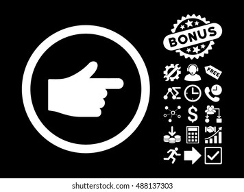 Index Pointer pictograph with bonus icon set. Vector illustration style is flat iconic symbols, white color, black background.