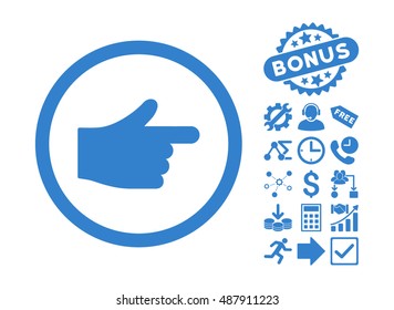 Index Pointer pictograph with bonus symbols. Vector illustration style is flat iconic symbols, cobalt color, white background.