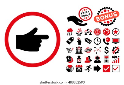 Index Pointer pictograph with bonus symbols. Vector illustration style is flat iconic bicolor symbols, intensive red and black colors, white background.