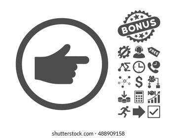 Index Pointer pictograph with bonus symbols. Vector illustration style is flat iconic symbols, gray color, white background.