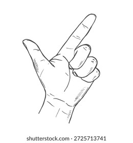 Índice que apunta hacia arriba. Gesto de mano de un solo dedo apuntando hacia arriba. Ilustración vectorial en estilo de contorno aislado sobre fondo blanco.