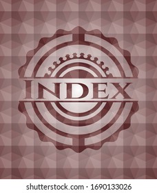Index red emblem or badge with abstract geometric polygonal pattern background. Seamless.