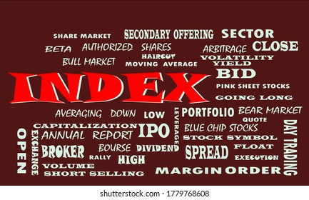 Index a Share market related text cloud presented on colorful vector abstract for magazine prints.